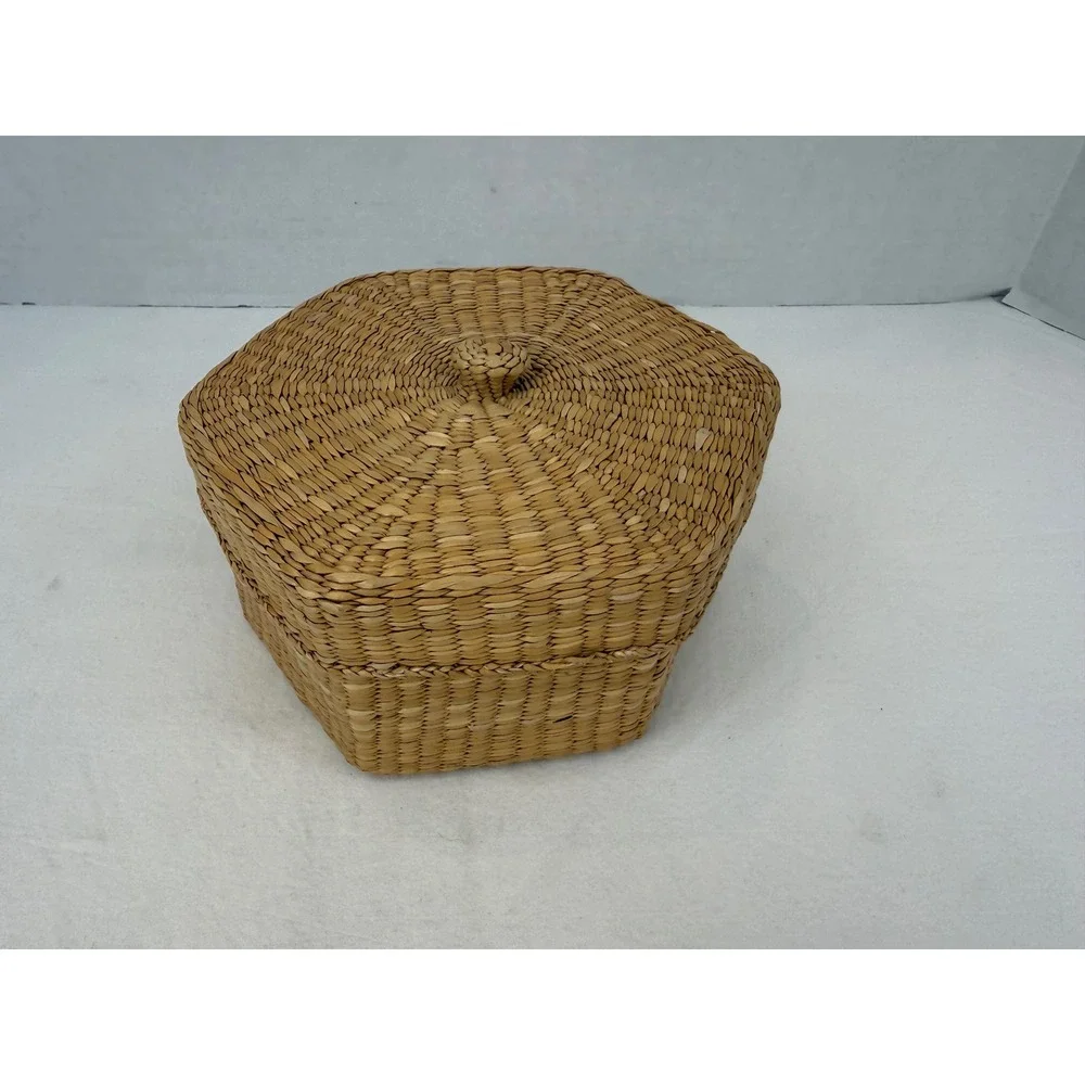 Vintage Cottage Hexagon‎ Woven Seagrass Basket w/Lid Boho Storage Decorative Box